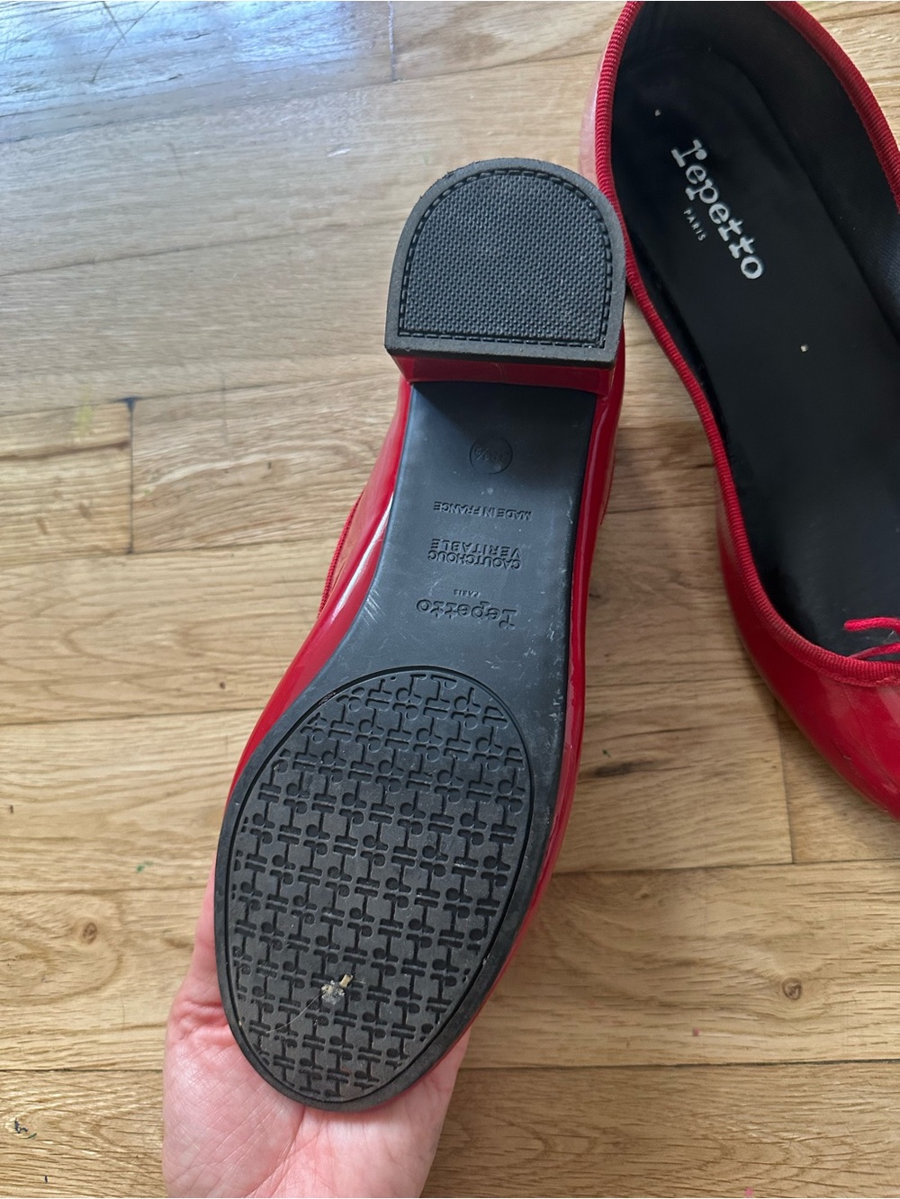 Repetto Red Patent Ballet Flats with Low Block Heel and Bow - Picture 5 of 6
